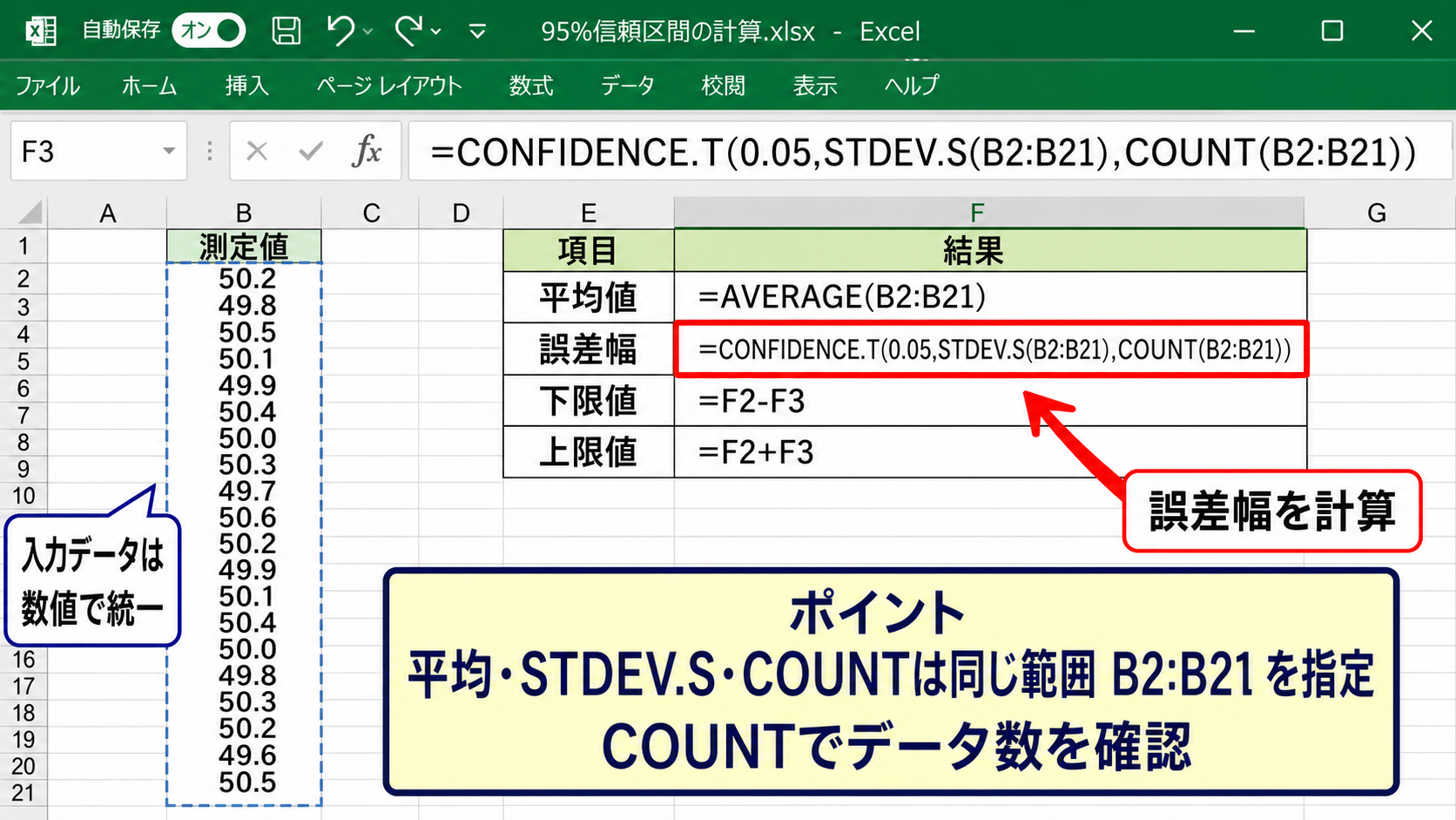 Excelでの95％信頼区間の計算手順