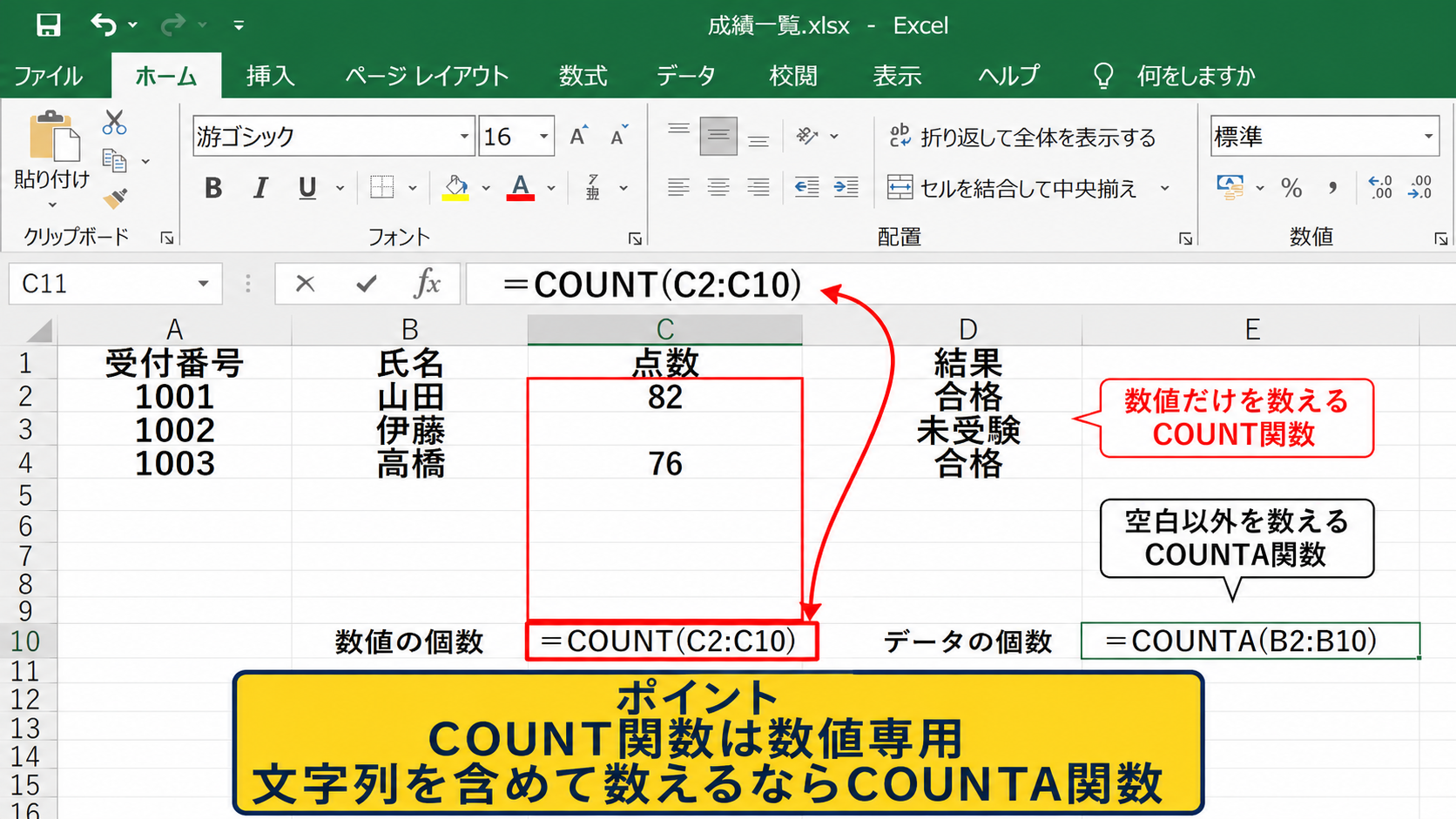 件数を数えるCOUNT関数とCOUNTA関数