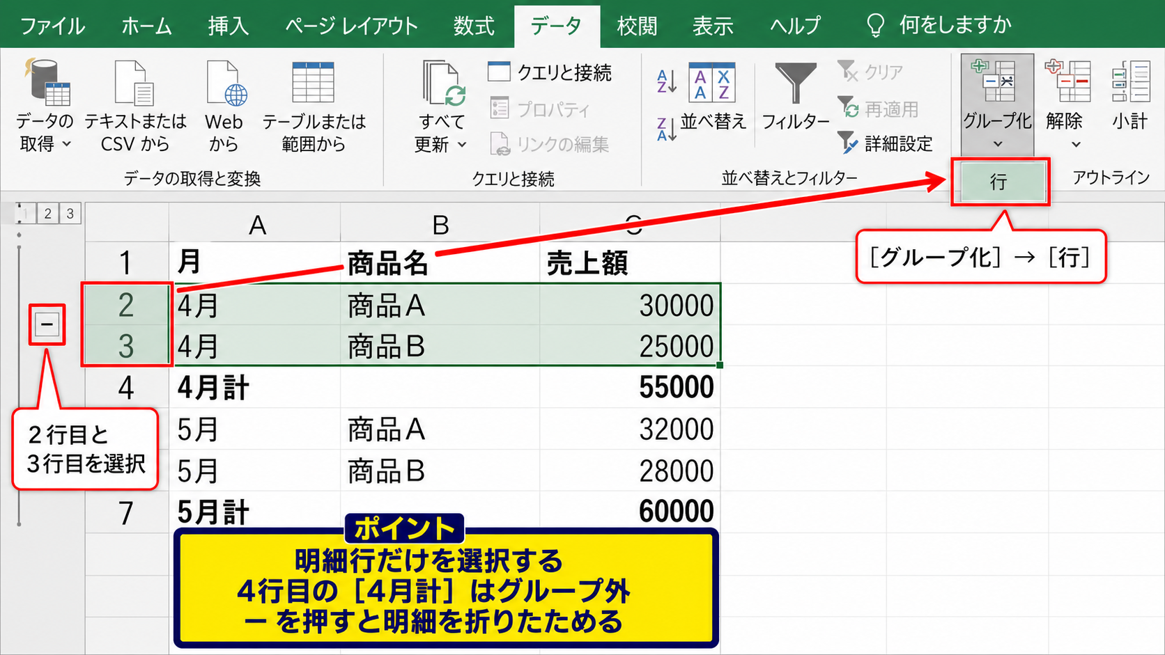 行を折りたたむグループ化の操作