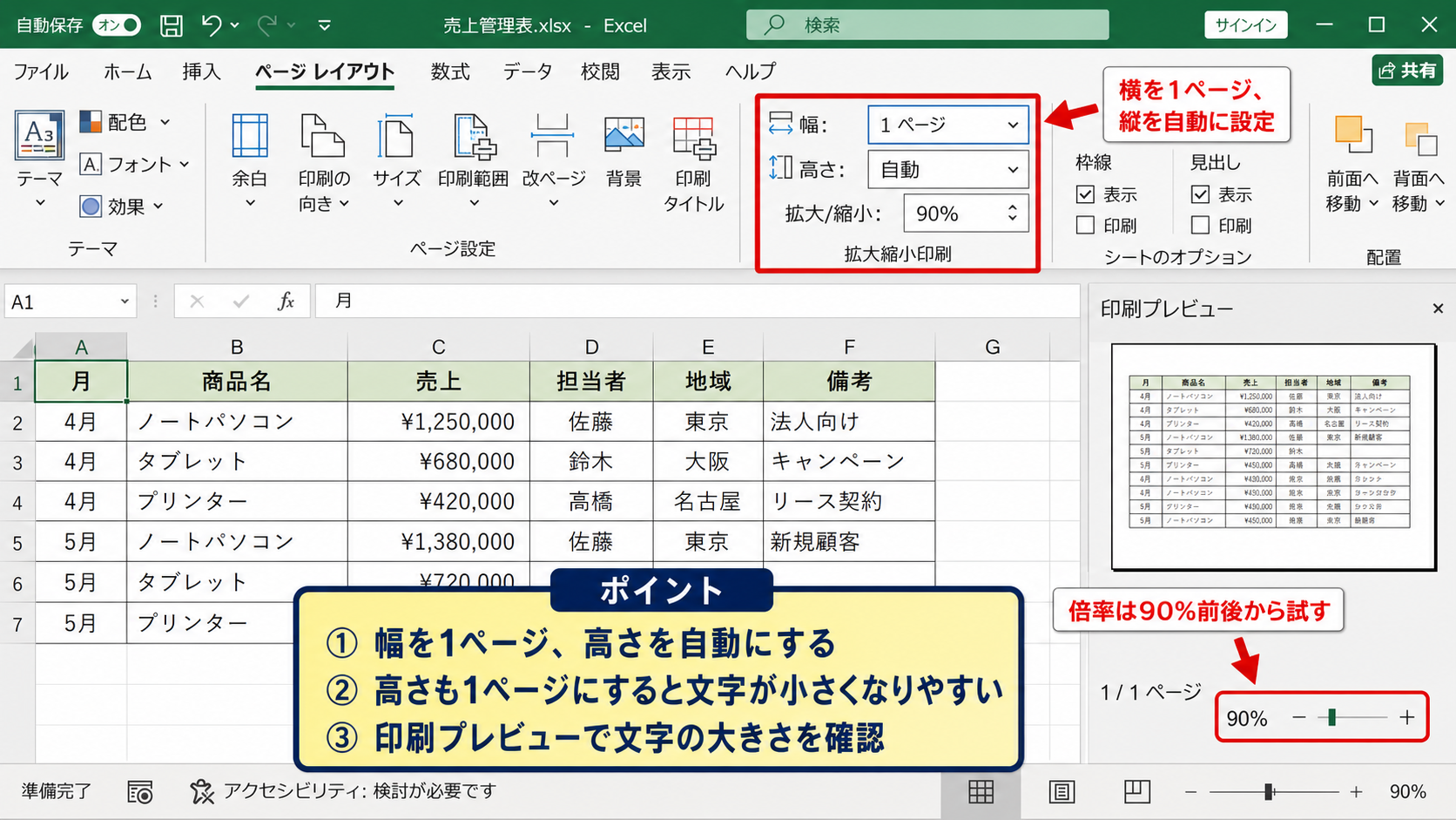 ページレイアウトの拡大縮小設定