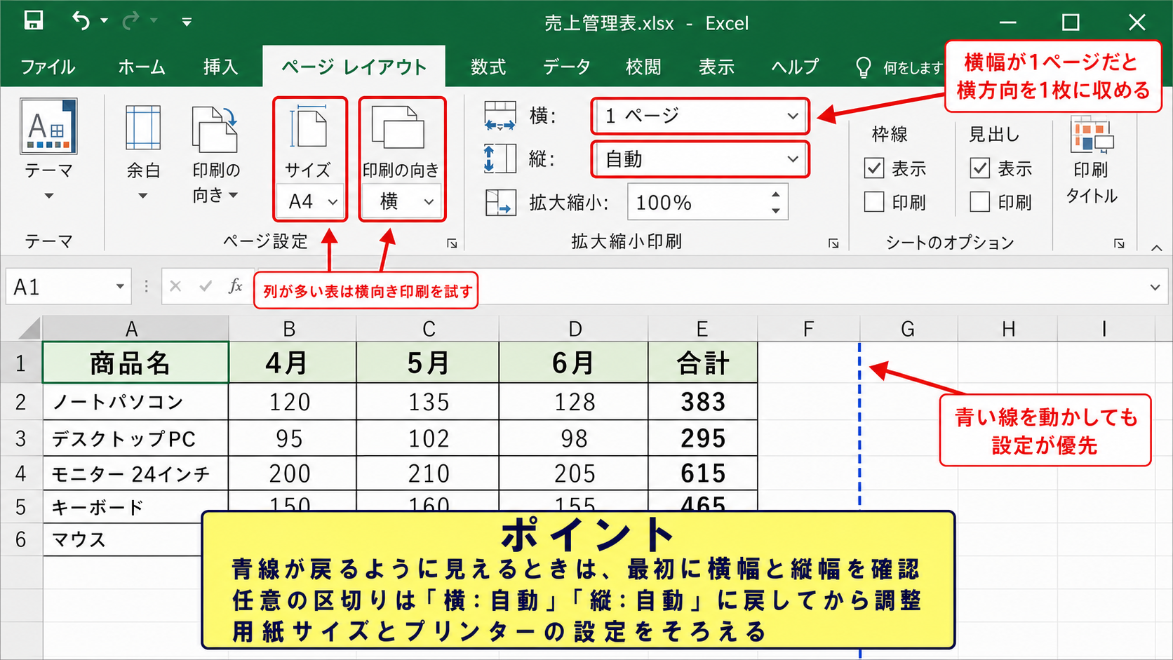 ページレイアウト設定と改ページの関係