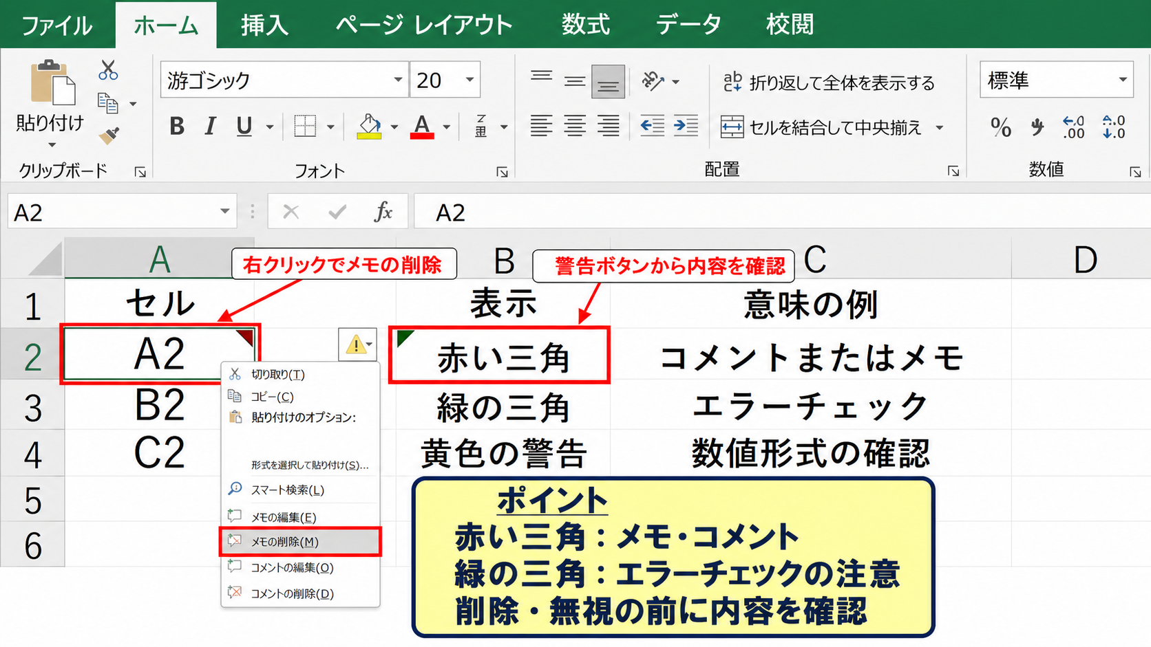赤い三角と緑の三角の非表示