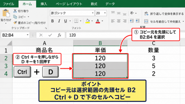 エクセルでCtrl＋Dを使う方法【上のセルを下へコピー】
