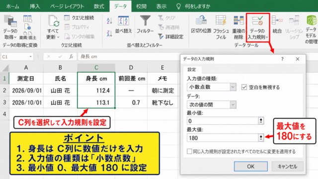 Excelで180cmまで記録できる身長計の作成方法
