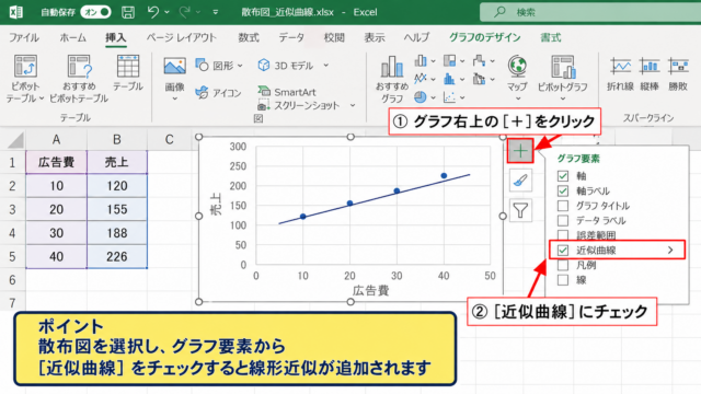 エクセルで近似曲線を追加する方法【散布図からの設定】