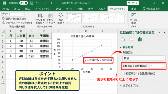 エクセルの近似曲線の式を一致させる確認方法