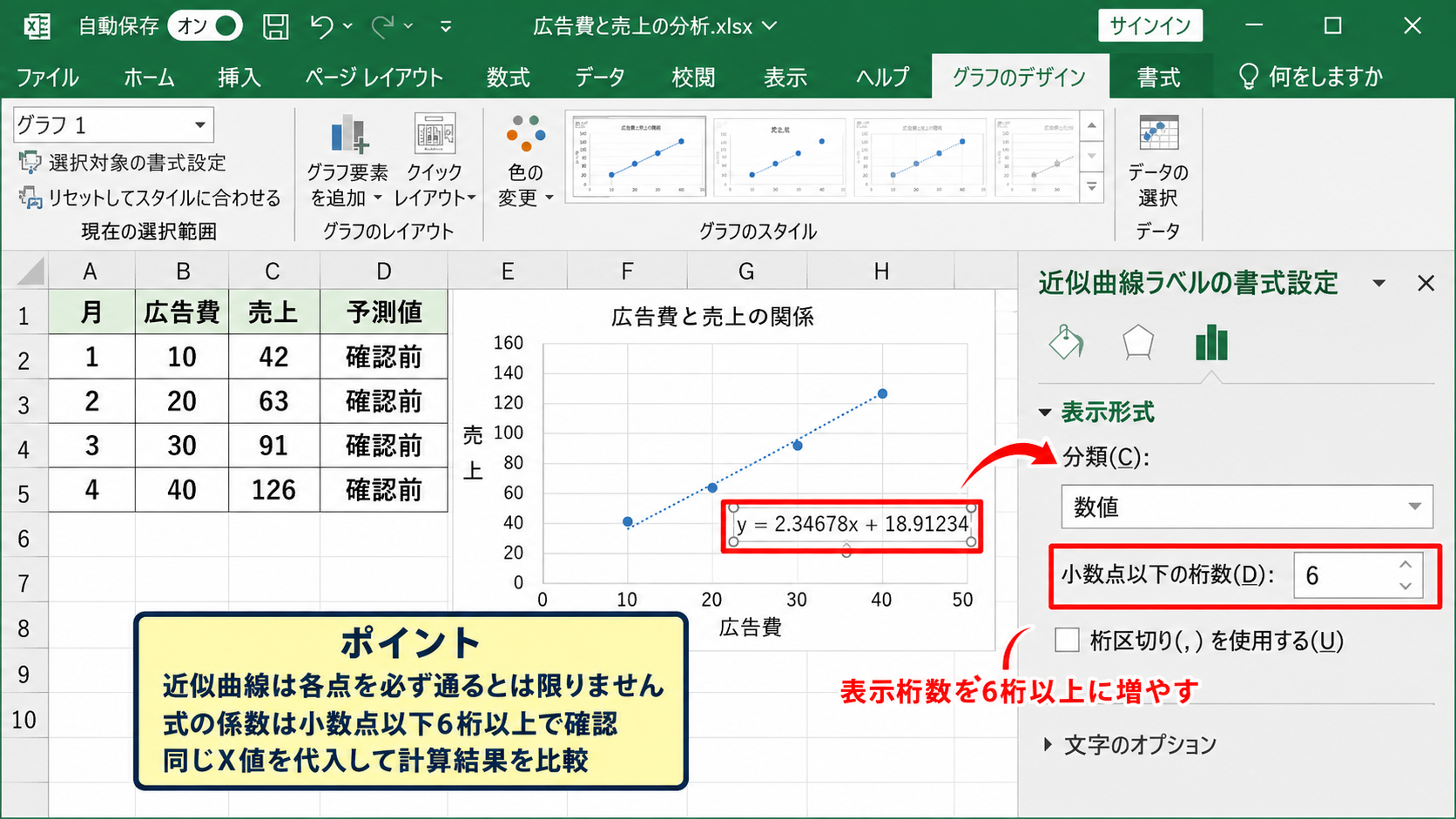 エクセルの近似曲線の式を一致させる確認方法