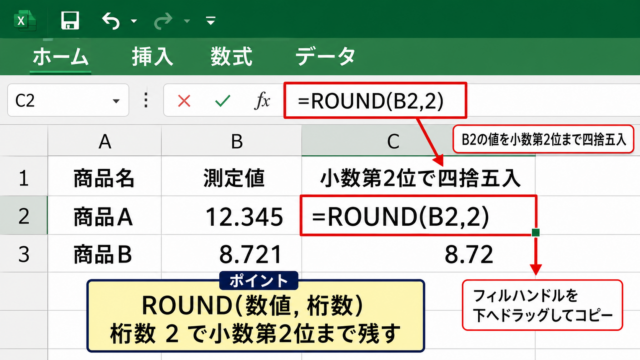 Excelで小数点以下を四捨五入するROUND関数