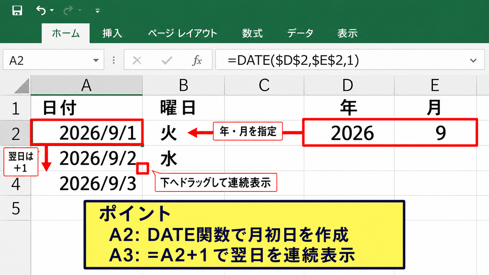 エクセルのカレンダーで日付を自動表示する数式