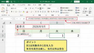 エクセルのカレンダーで当月以外の日付を非表示にする数式