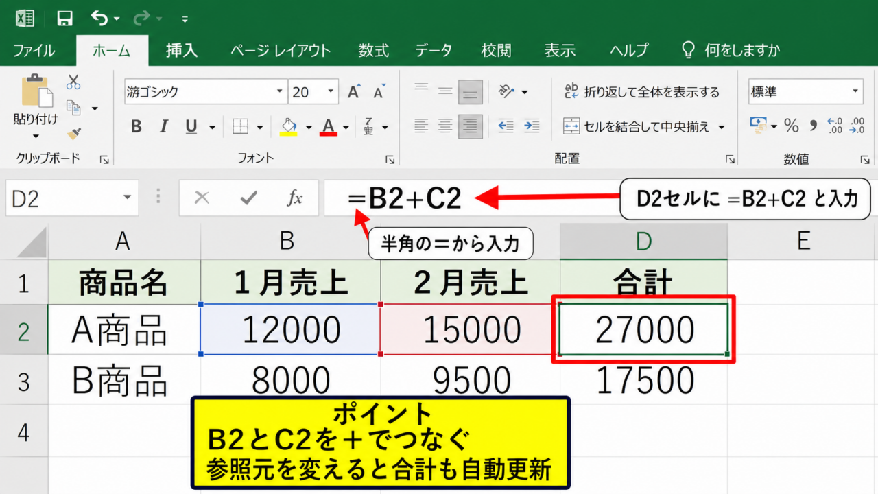 エクセルで足し算をする基本操作【＋記号によるセル参照】