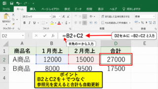 エクセルで足し算をする基本操作【＋記号によるセル参照】