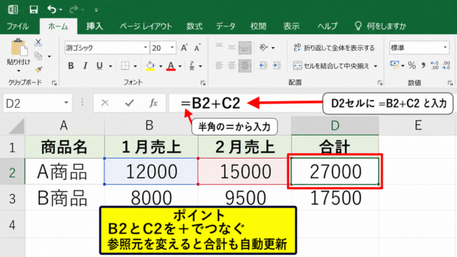 エクセルで足し算をする基本操作【＋記号によるセル参照】