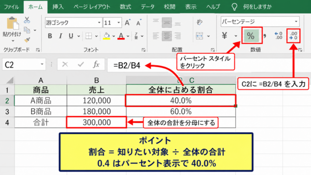 エクセルで割合を出す基本計算式