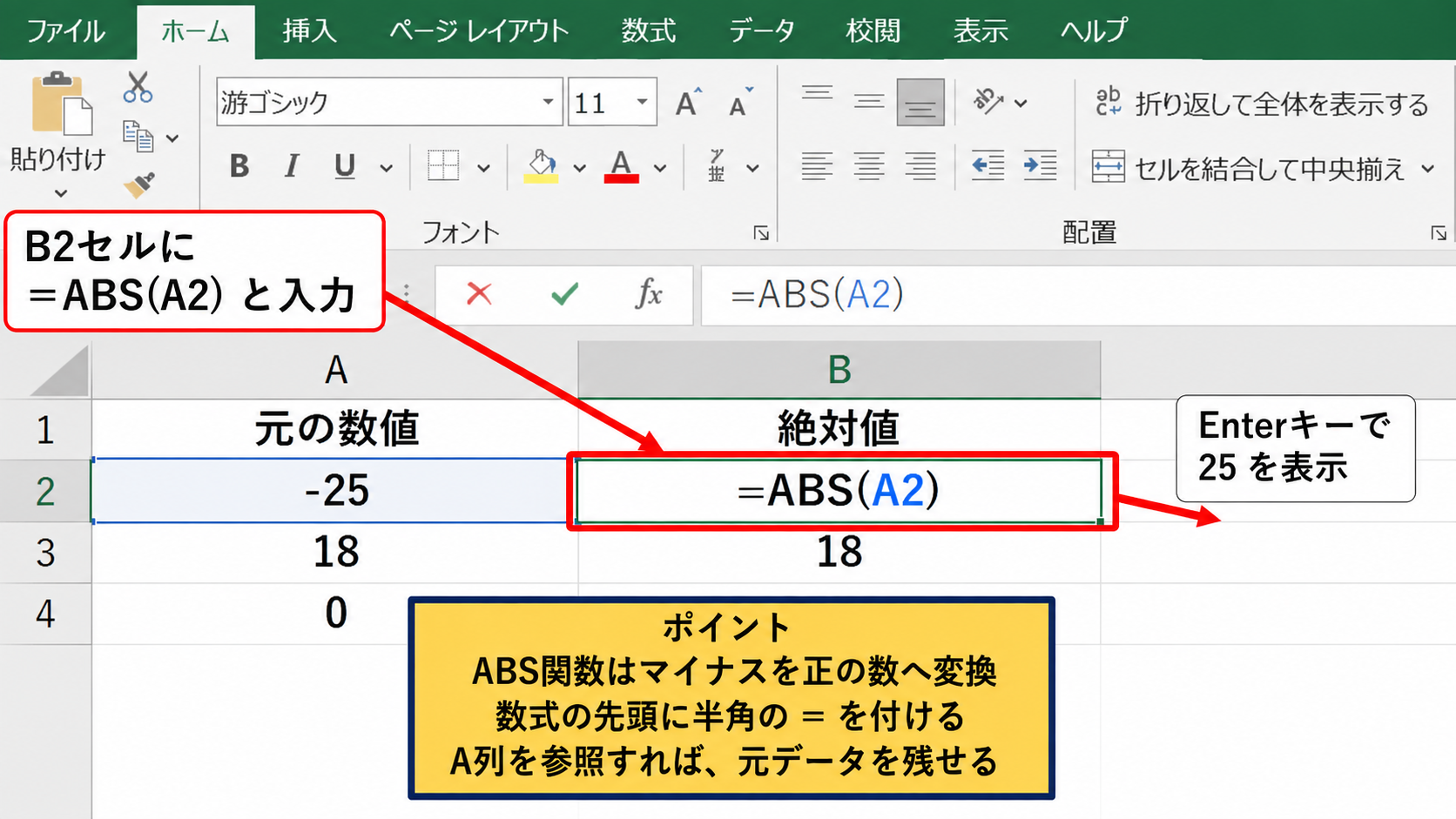 エクセルで絶対値を求めるABS関数の入力方法
