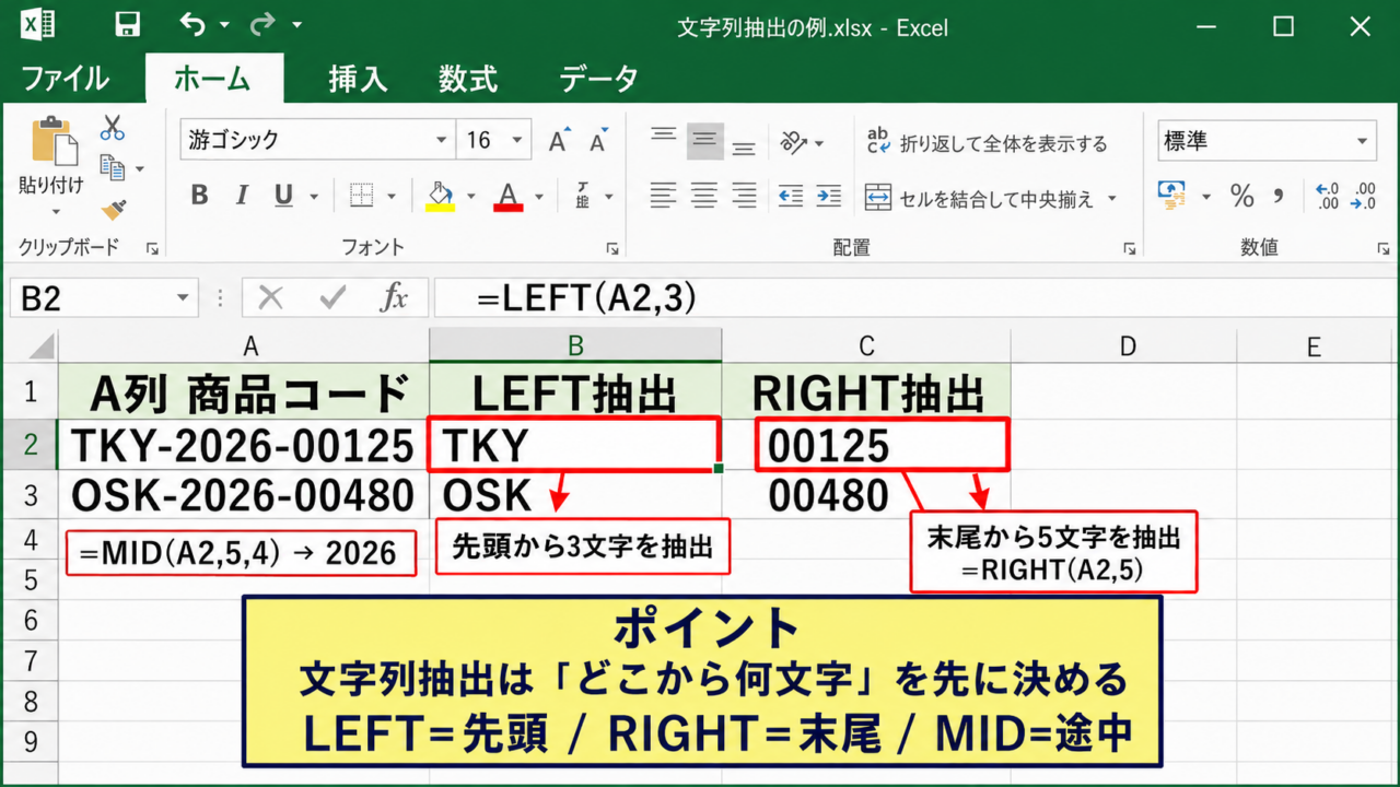 LEFT・RIGHT・MID関数による文字列抽出
