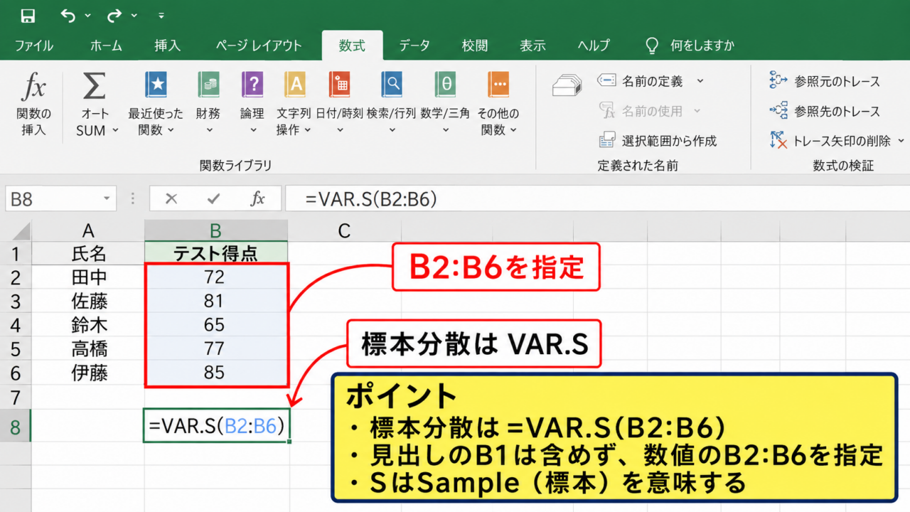 Excelで分散を求める基本関数