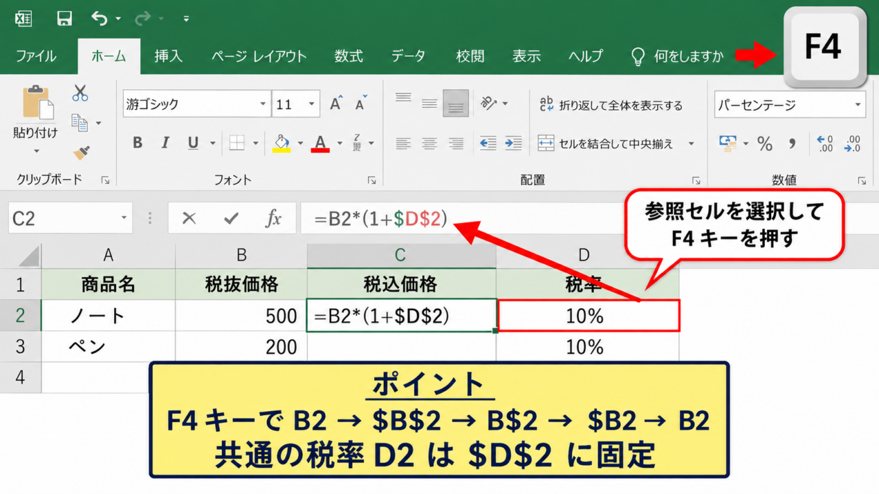 エクセルで＄を固定する方法【F4キーによる絶対参照】