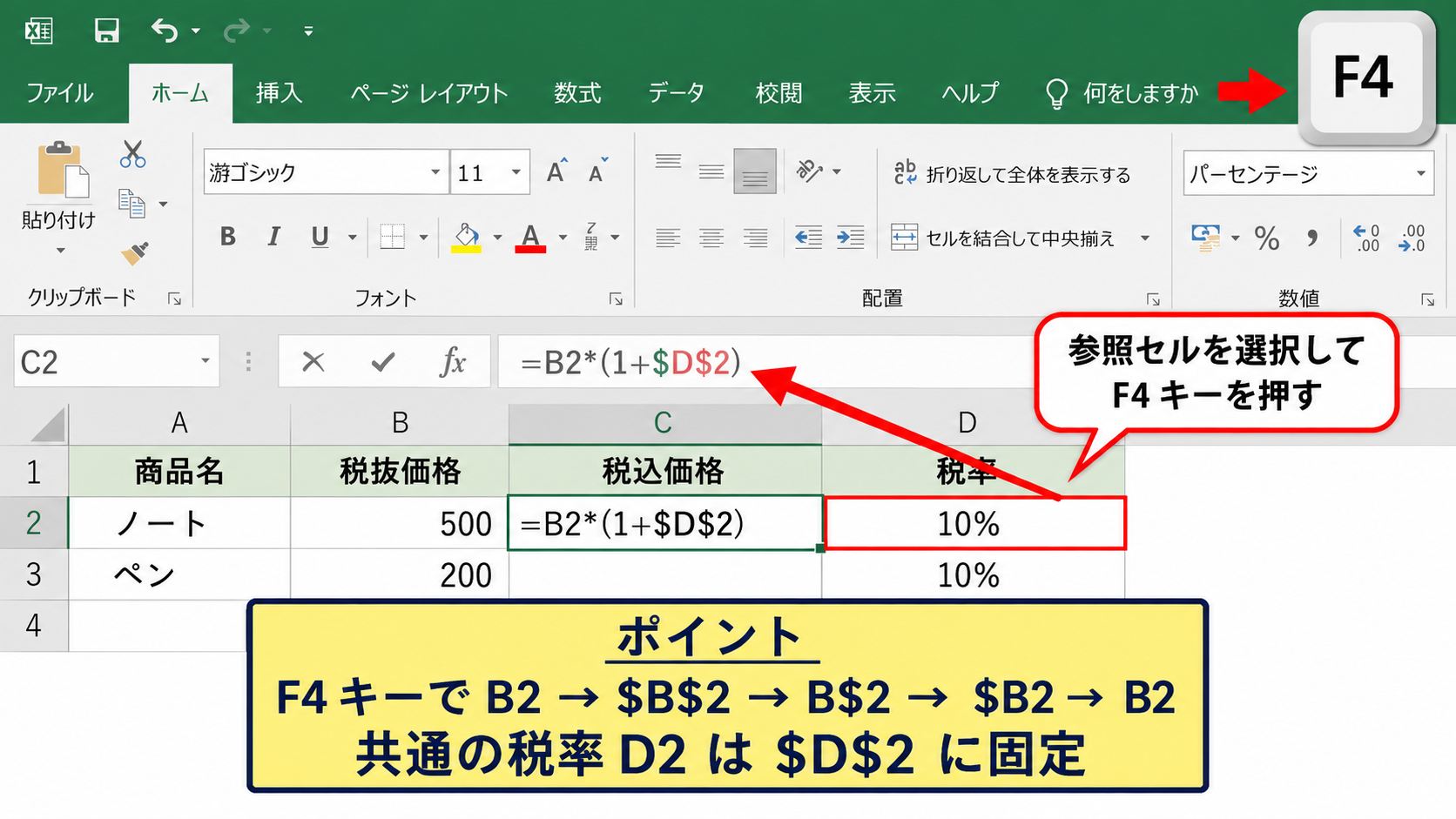 エクセルで$を固定する方法【F4キーによる絶対参照】