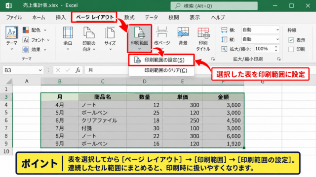 エクセルのデータを印刷する方法【印刷範囲を設定して出力】 - ページレイアウトから印刷範囲を設定する操作