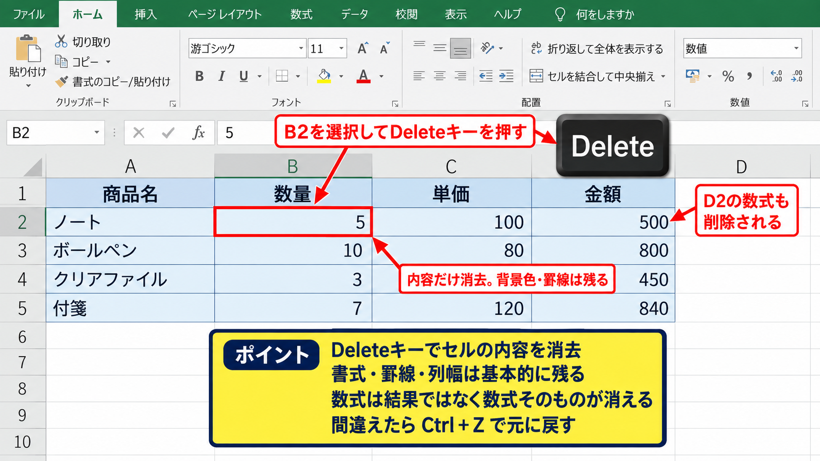 Excelのデータを消す基本操作 - Deleteキーで内容を消す操作
