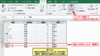 フィルター範囲の再設定 - データ範囲外に追加された行
