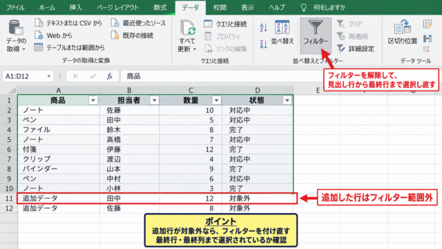 フィルター範囲の再設定 - データ範囲外に追加された行