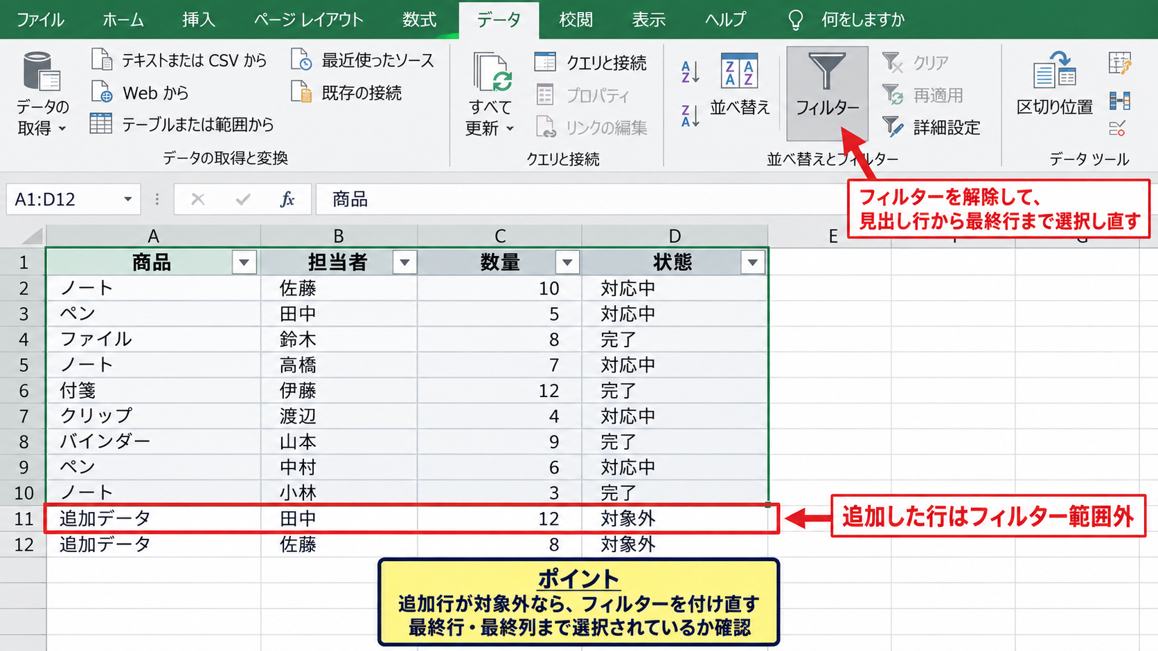 フィルター範囲の再設定 - データ範囲外に追加された行