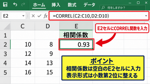 Excelで相関係数を求める方法【CORREL関数の入力】 - 数式を入力するセル