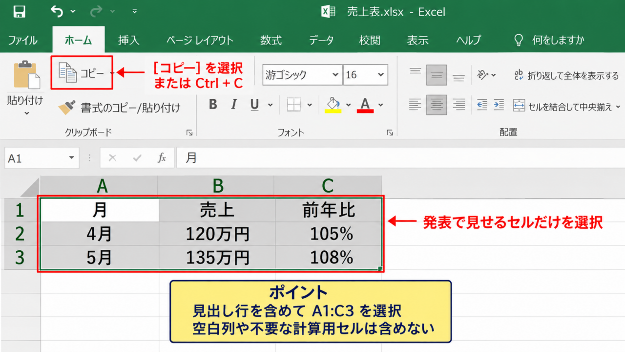 エクセルの表をPowerPointへ通常貼り付けする方法 - Excelで貼り付け範囲を選択する手順