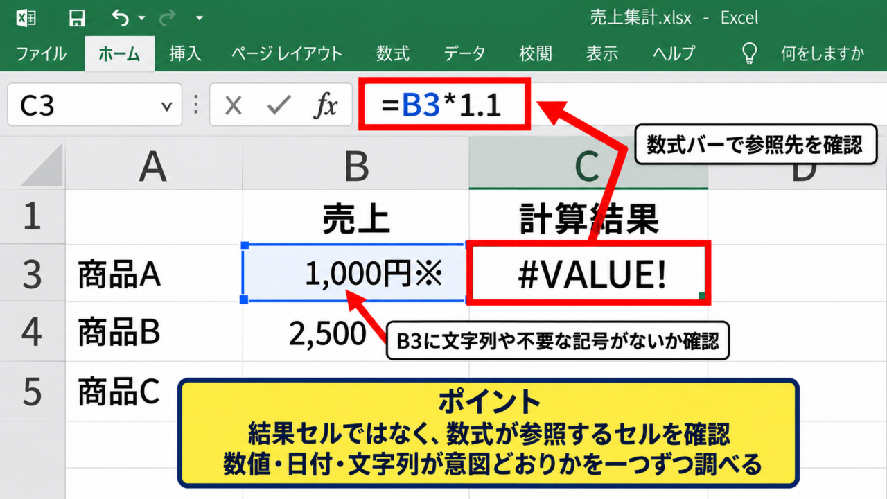 エクセルのVALUE・REFエラーを直す確認手順 - エラーセルと数式バーの確認