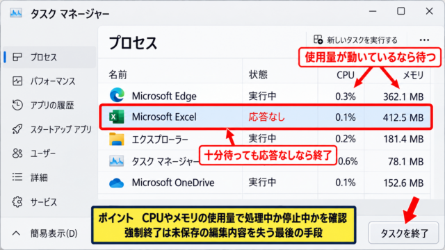 エクセルが固まった直後の対処手順 - タスクマネージャーで終了を判断する