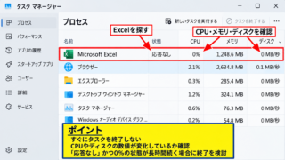 Excelが応答なしになった直後の対処 - タスクマネージャーでExcelの状態を確認する
