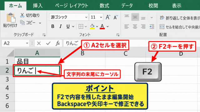 ExcelでF2キーを使ってセルを編集する方法 - セルを選択してF2キーを押す手順