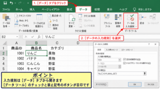 エクセルのデータの入力規則を開く場所 - データタブ内のデータツールグループ