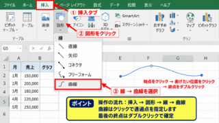 エクセルで曲線を引く方法1【図形の曲線】 - 挿入タブから曲線を選ぶ操作