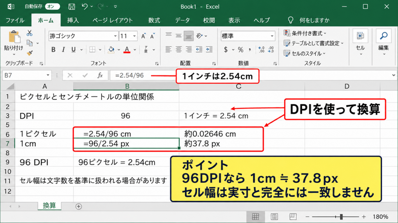 エクセルでピクセルをセンチに換算する基本式 - ピクセルとセンチメートルの単位関係