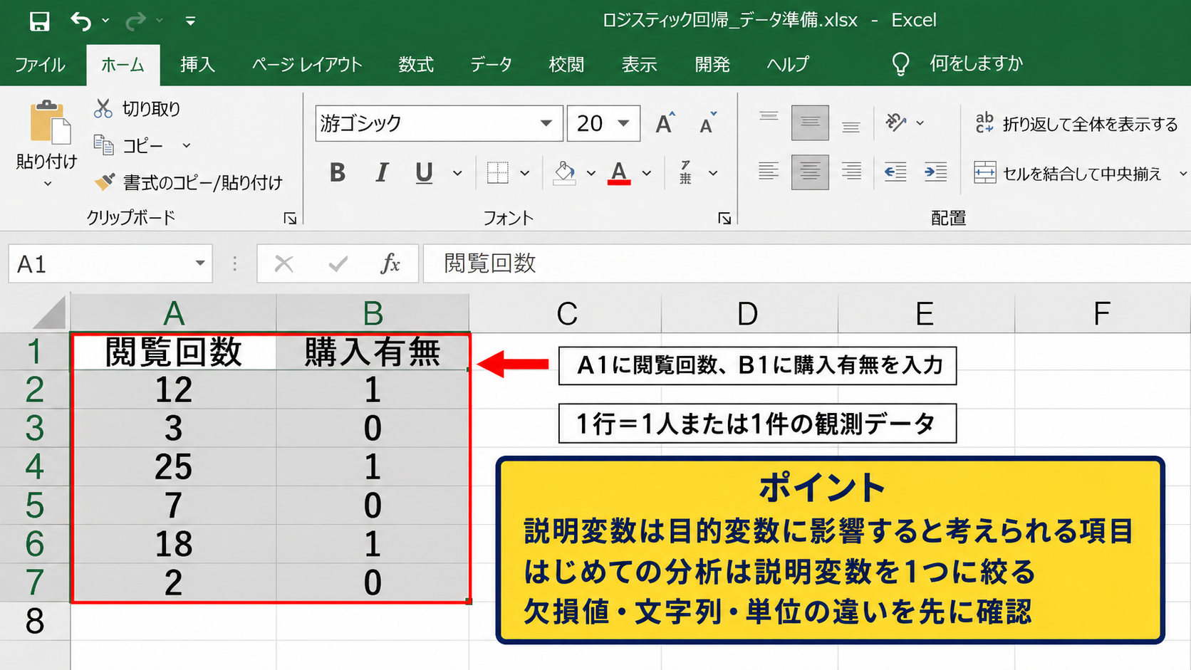 Excelでロジスティック回帰分析を行う全体手順 - 説明変数と分析用シートの準備