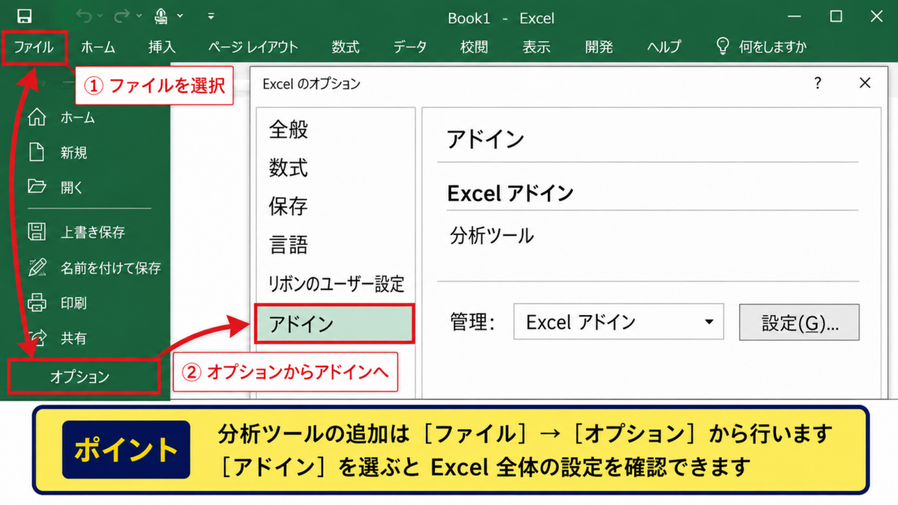 エクセルの分析ツールを有効にする手順 - ファイルタブからオプションを開く操作