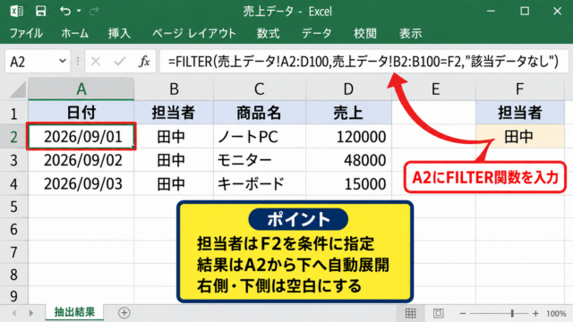 FILTER関数で別シートへ自動抽出する方法 - 担当者を条件にしたFILTER関数