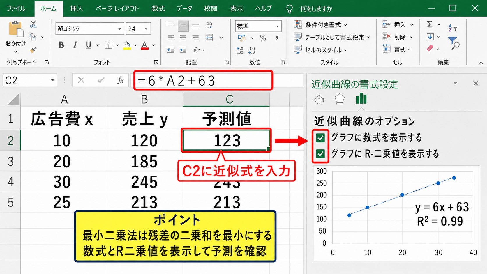 最小二乗法と近似式の表示