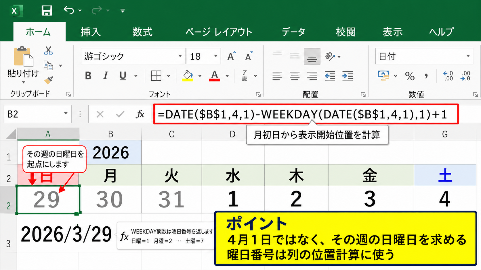 4月始まりの日付と曜日を自動表示する数式