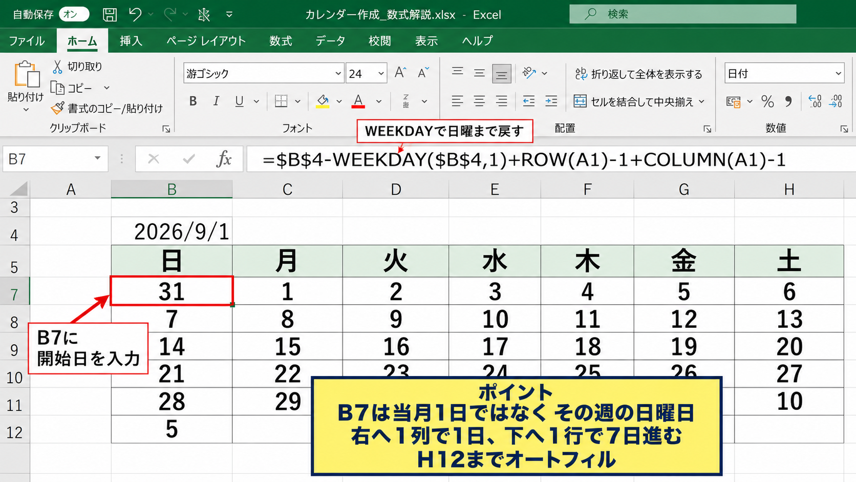 月初の曜日に合わせて日付を並べる数式