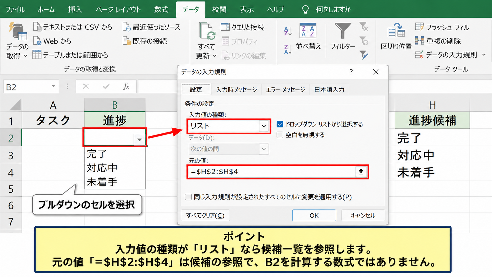 プルダウンリストだけを解除する設定 - リスト設定とドロップダウンの確認
