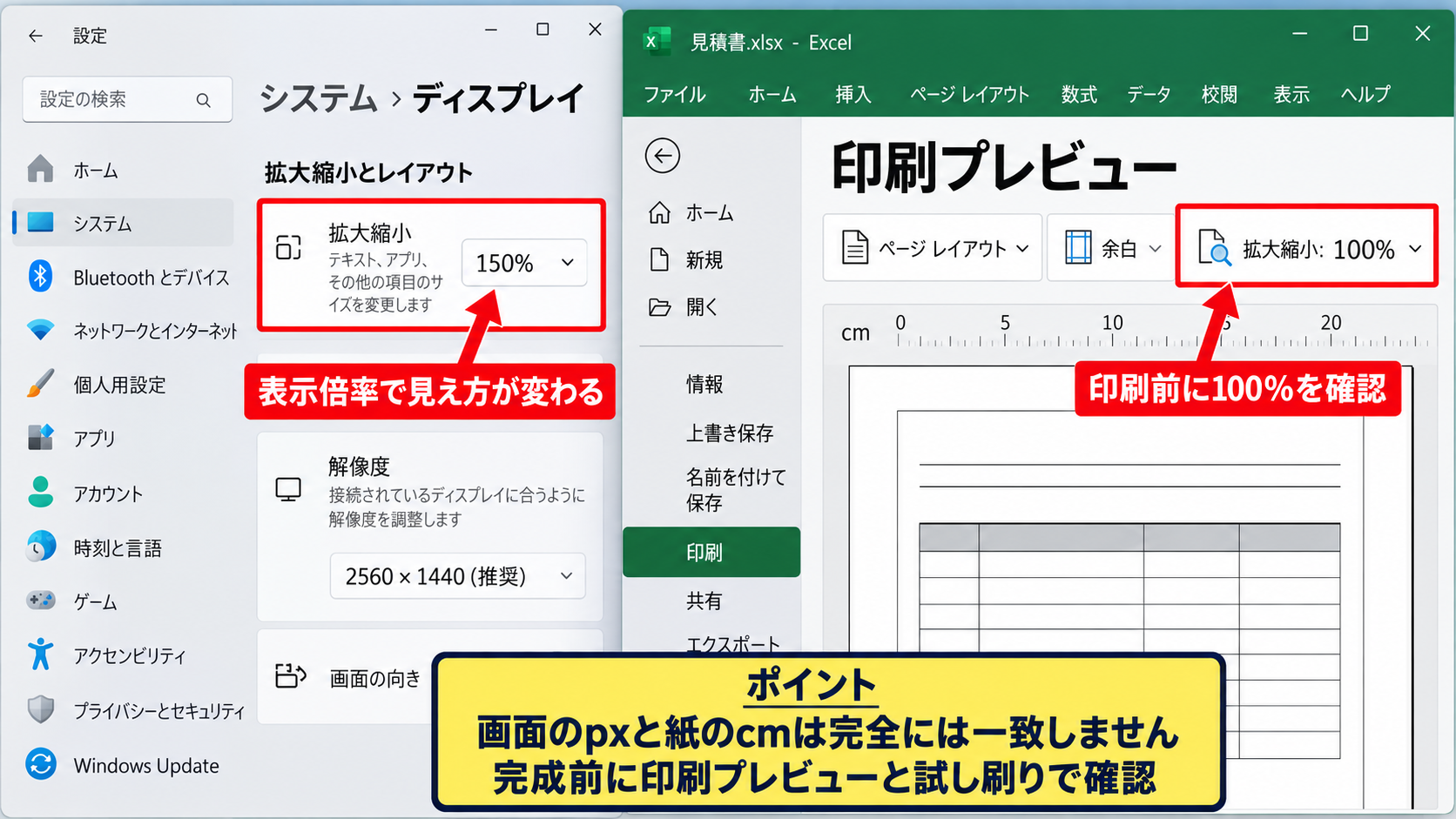 エクセルのピクセルをcmへ戻す換算方法 - dpiと表示倍率による見え方の違い
