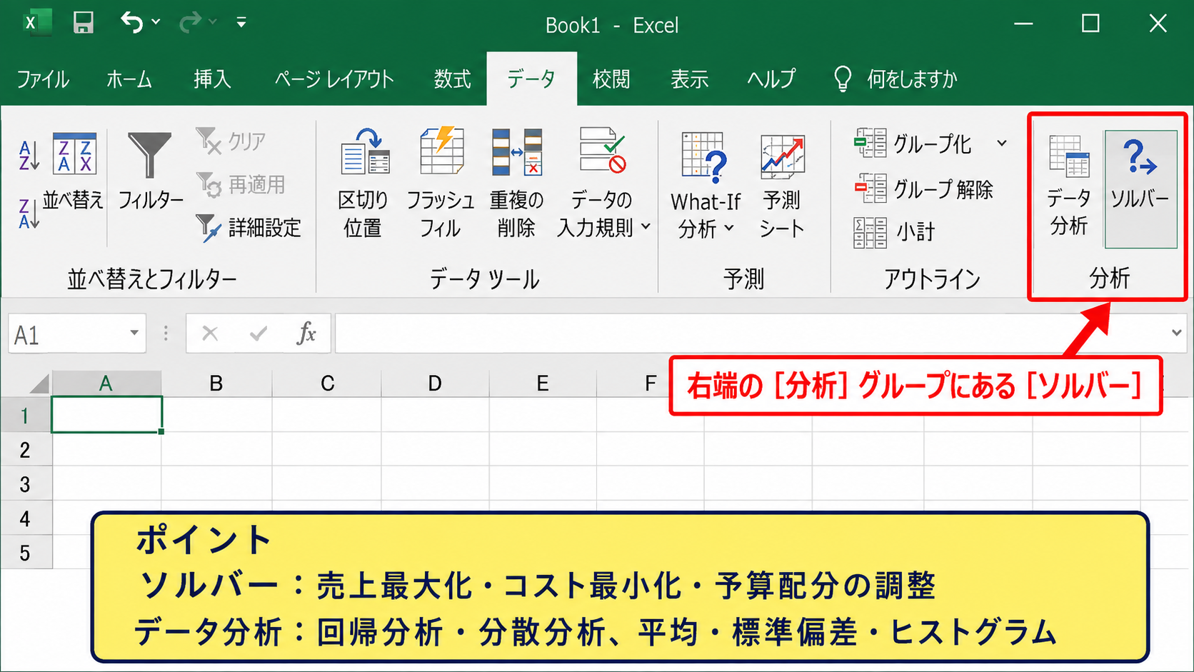 ソルバーアドインの出し方と起動場所 - データタブの分析グループ