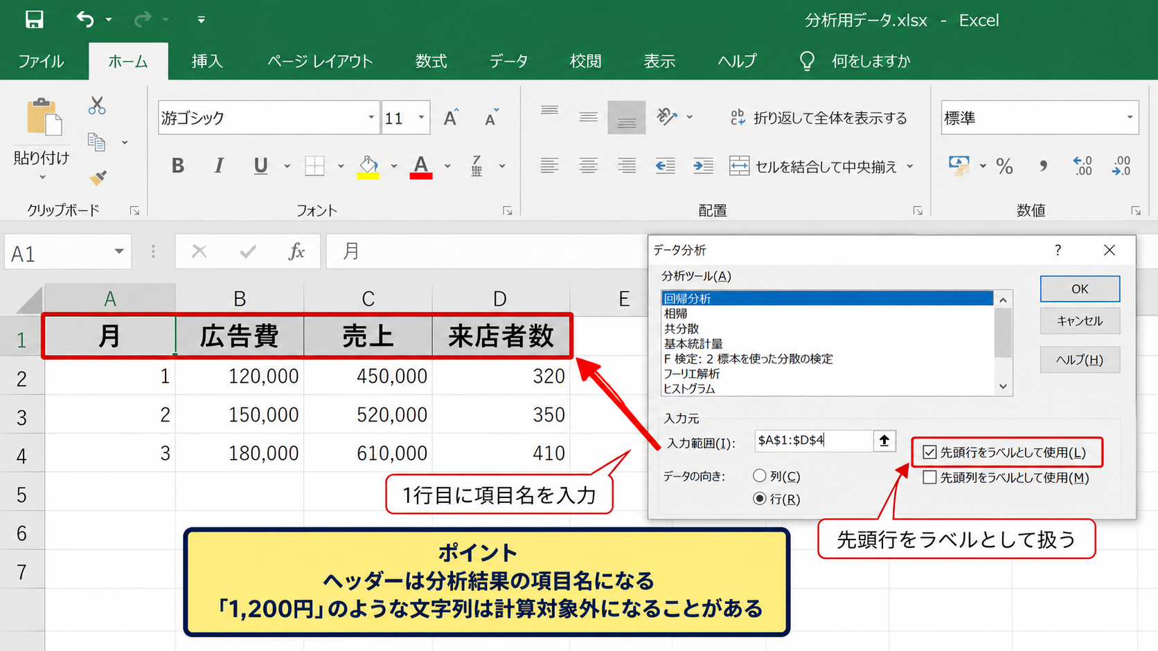 データ分析でできることとデータ準備 - 1行目のヘッダーと数値形式の整え方