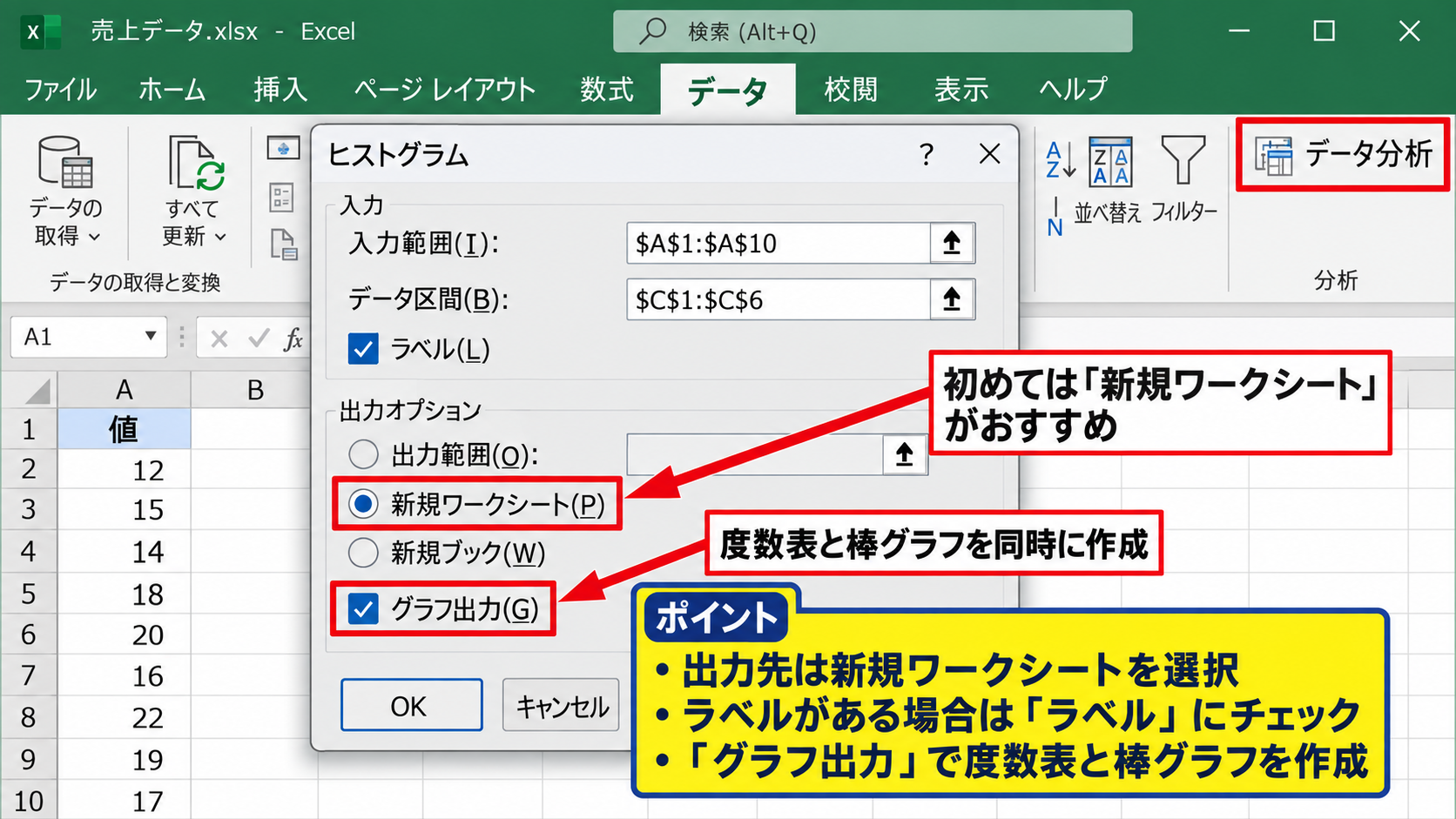 ヒストグラムによるデータ分布の確認 - グラフ出力と新規ワークシートの選択