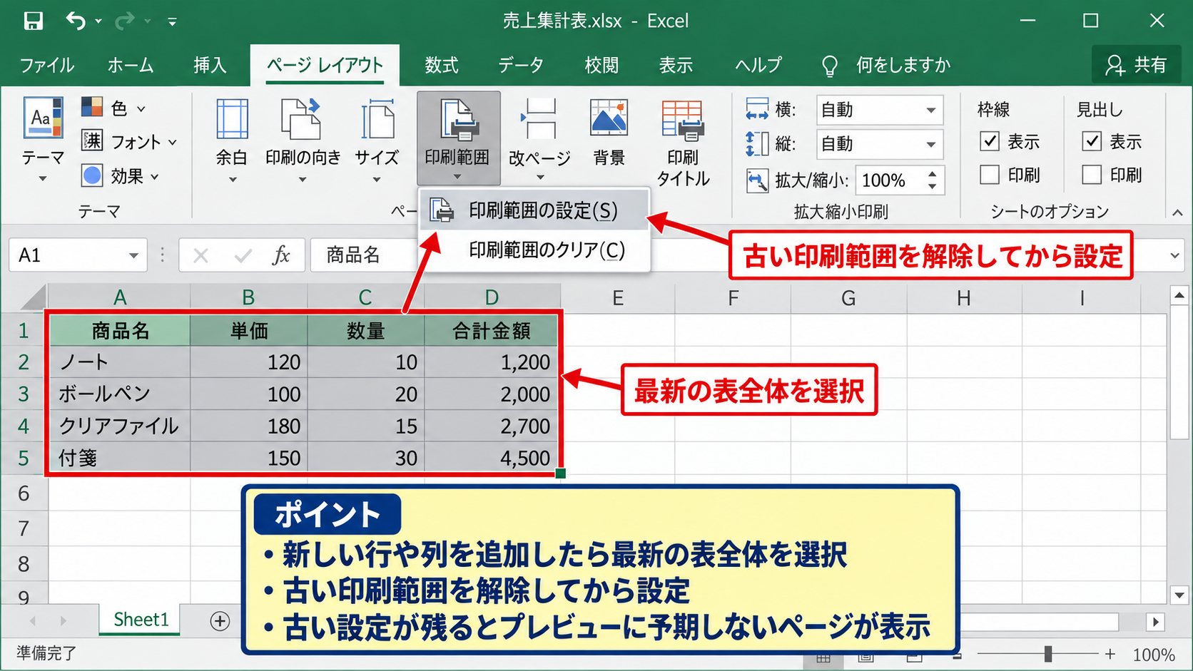 印刷範囲を変更・解除する操作 - 印刷範囲を新しい表に設定し直す操作
