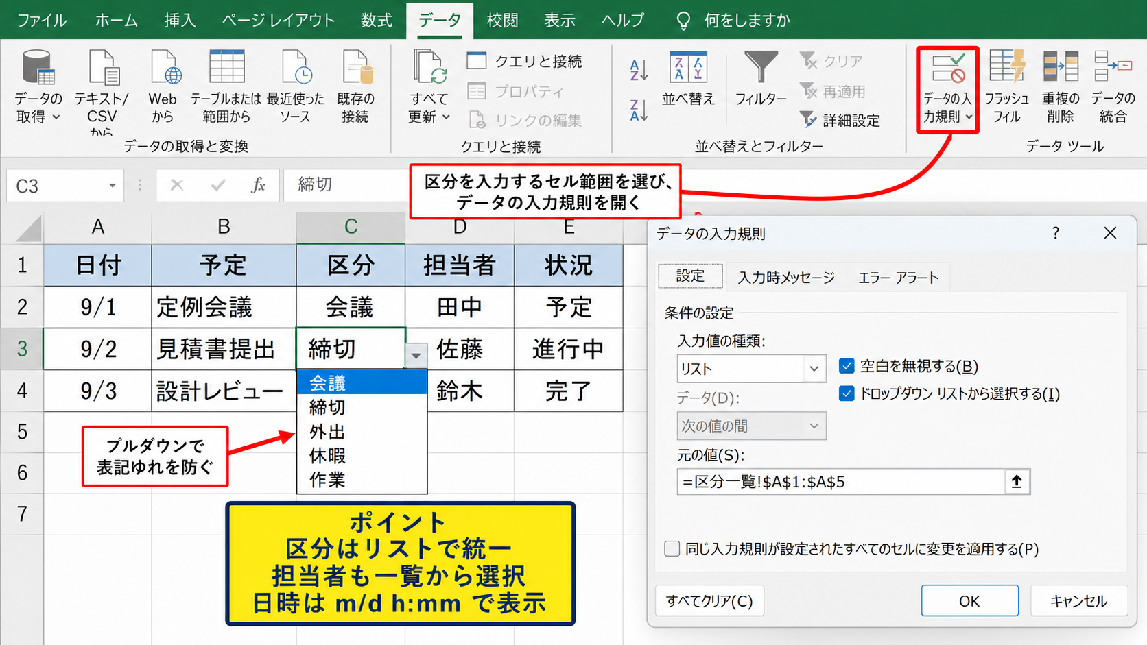予定の書き込みと入力規則の設定